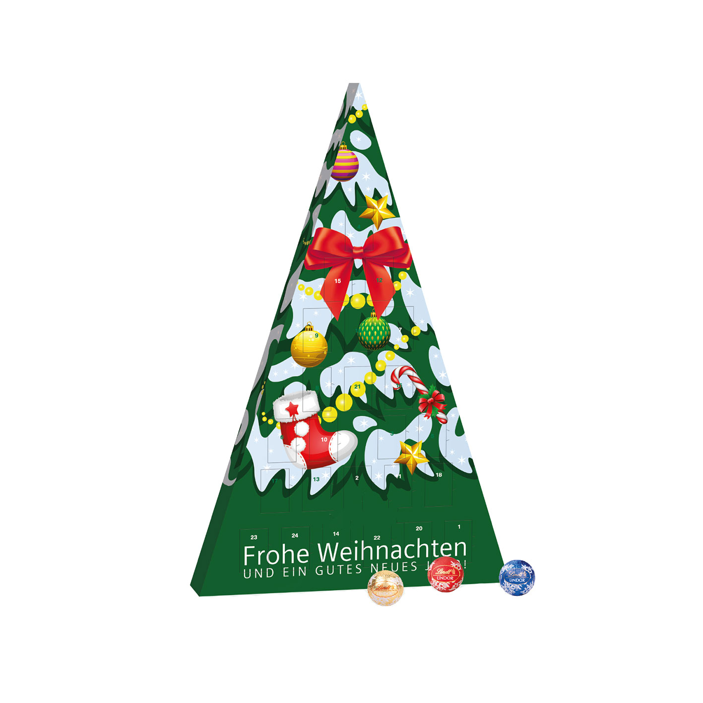 Adventskalender Weihnachtsbaum mit Lindt Kugeln und Logo